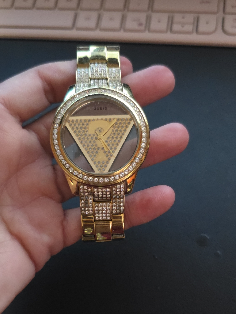 Guess Gold Crystal Accent Triangle Dial Bracelet Watch